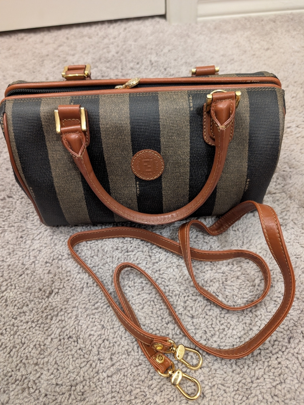 Authentic Vintage Fendi Pequin Striprd Boston Bag With COA